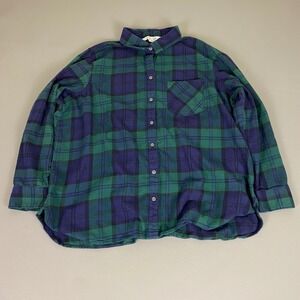 Old Navy Flannel Shirt Top Women's XXL Green Blue Plaid Button Up Classic Fit